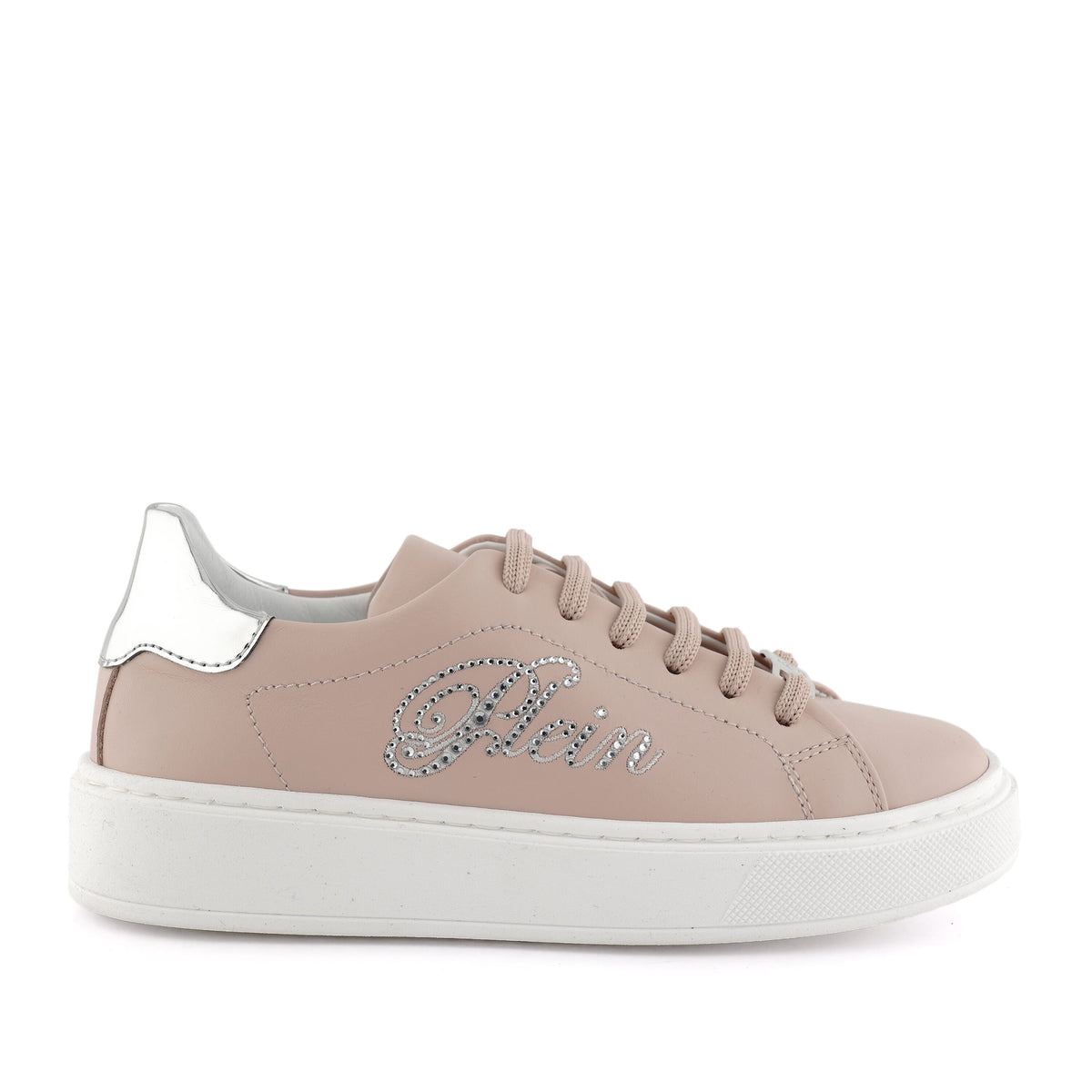 PHILIPP PLEIN LO-TOP SNEAKERS LEATHER WITH CONTRASTING COLOUR HEEL TAB AND RHINESTONED PLEIN ON SIDE