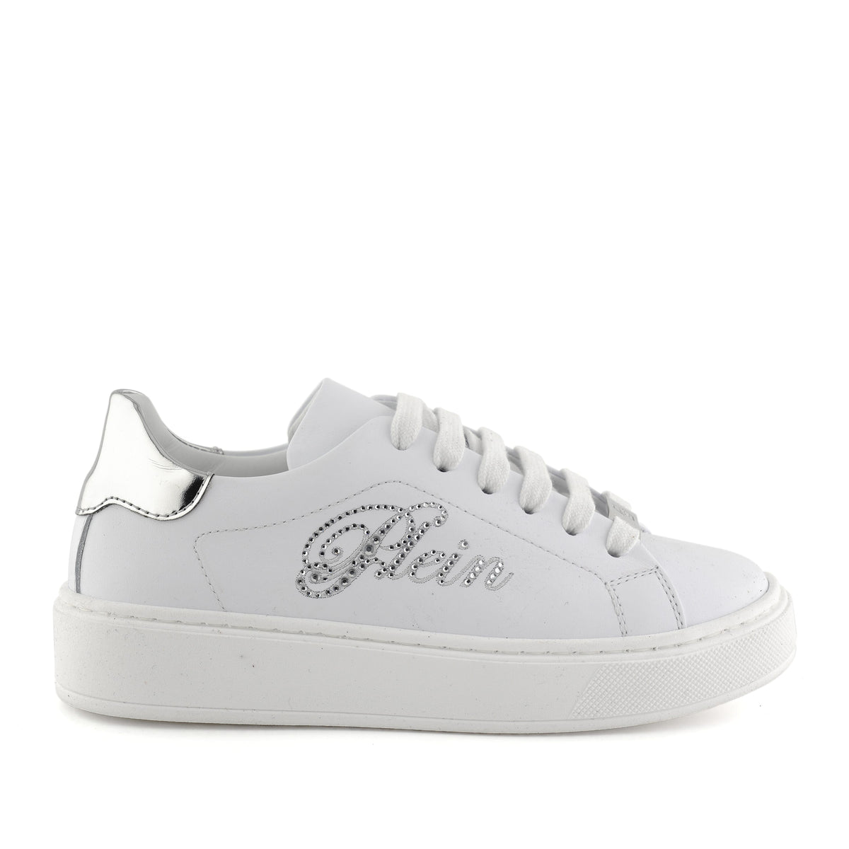 PHILIPP PLEIN LO-TOP SNEAKERS LEATHER WITH CONTRASTING COLOUR HEEL TAB AND RHINESTONED PLEIN ON SIDE